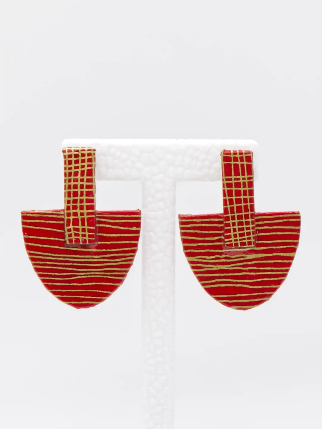 Red and gold striped geometric dangle earrings