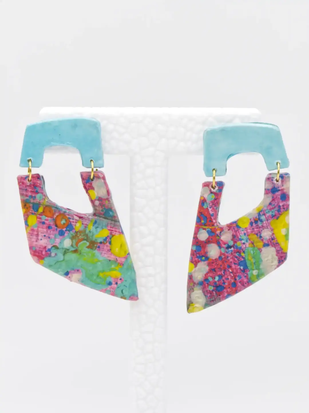 Colorful abstract geometric drop earrings with turquoise tops