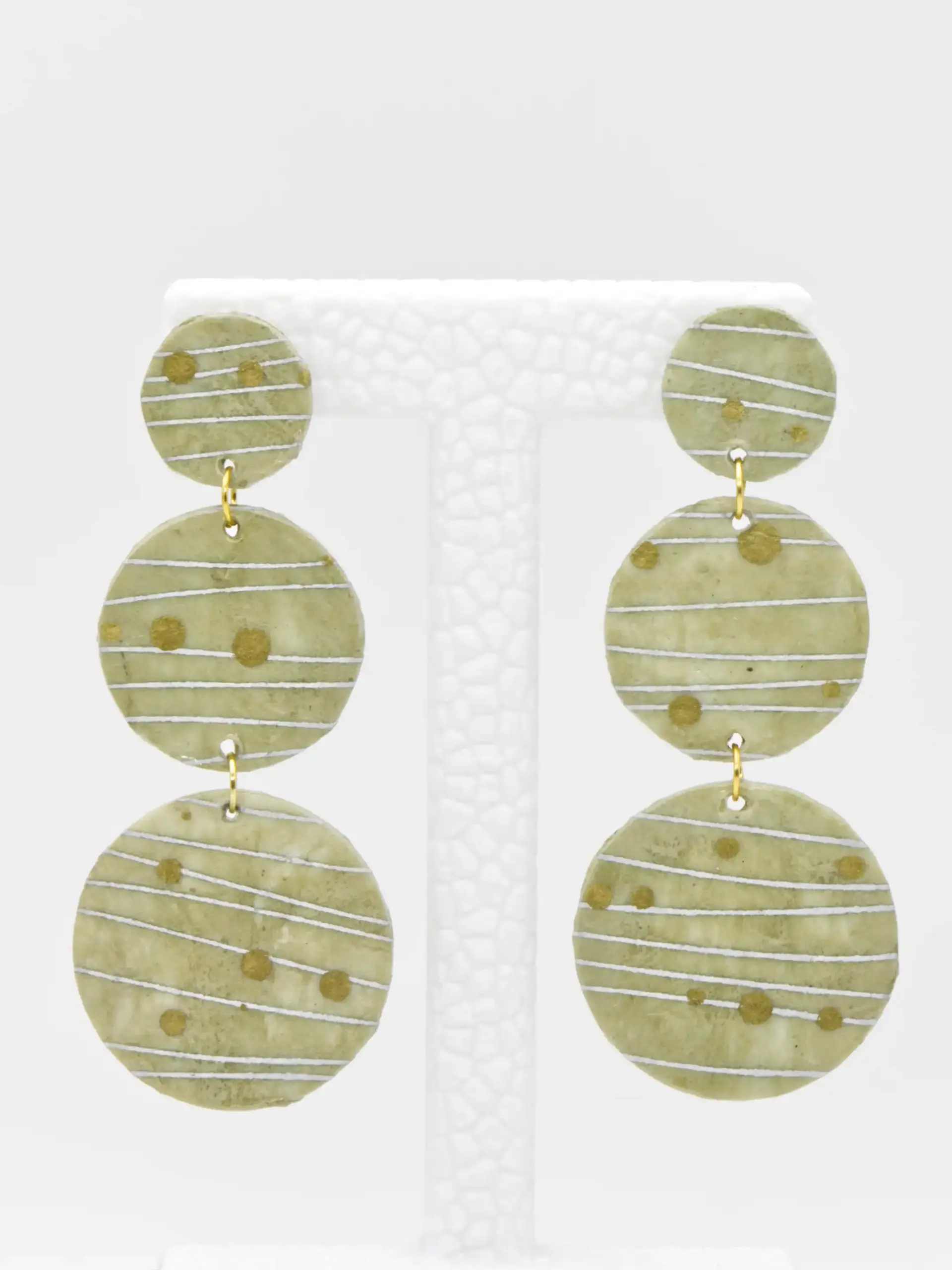 Green striped triple-disc dangle earrings with gold dots