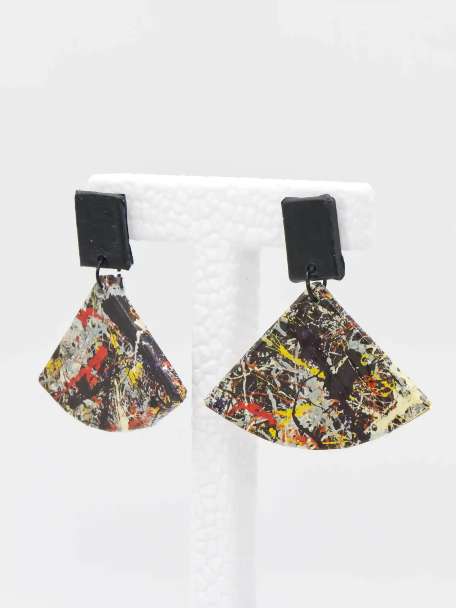 Abstract paint-splatter geometric dangle earrings with black studs
