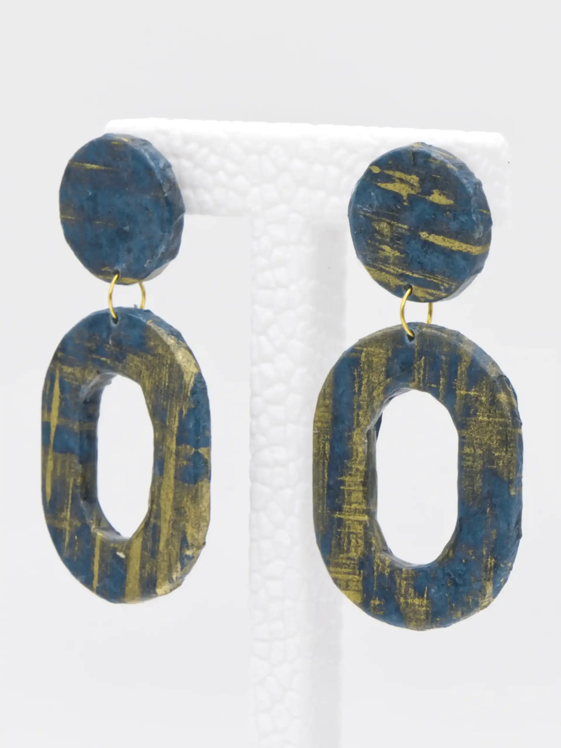 Blue and gold oval drop earrings